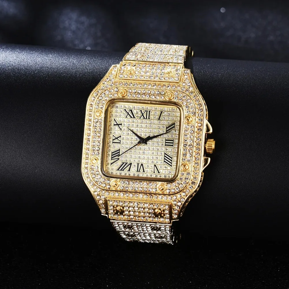 Luxe Moissanite Ijskoude Horloges, Hiphop Buste Down Unisex Diamond Horloge, Roestvrijstalen Moissanite Studs Polshorloge