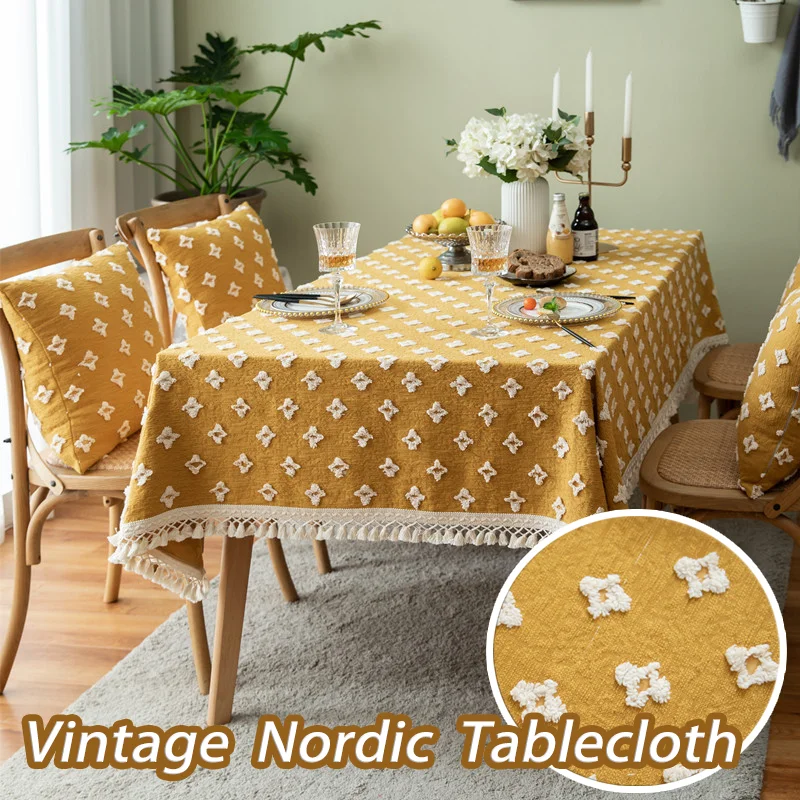 Vintage Nordic Rectangular Tablecloth Three-Dimensional Cut Flowers Cross Tassel Tablecloth Coffee Tablecloths Home Decoration