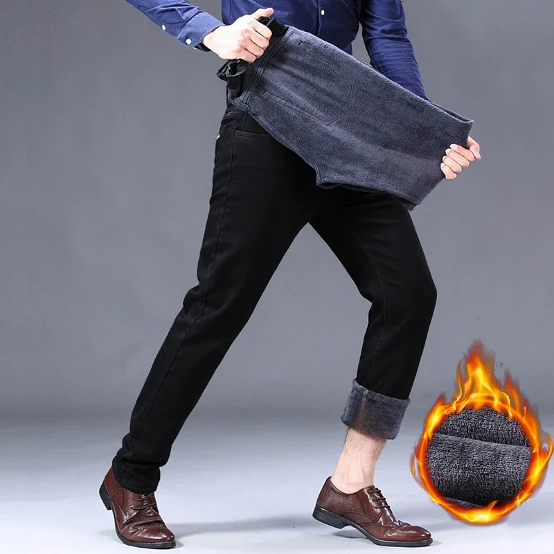 Winter Warme Herren Jeans Verdickte Samt Gefüttert Gerade Bein Lange Hosen Schwarz Koreanischen Stil Mode Business Casual Denim Hosen