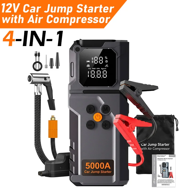 5000A Car Jump Starter Air Compressor 4in1 12V Auto Battery Booster Heavy Duty Tire Inflator Power Bank Emergency Kit