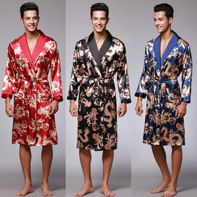 Traditional Japanese KIMONO Fashion YUKATA Oriental Gold Dragons Pattern Bathrobe Summer Men Ice Silk Robes Pajamas  Sleepwear