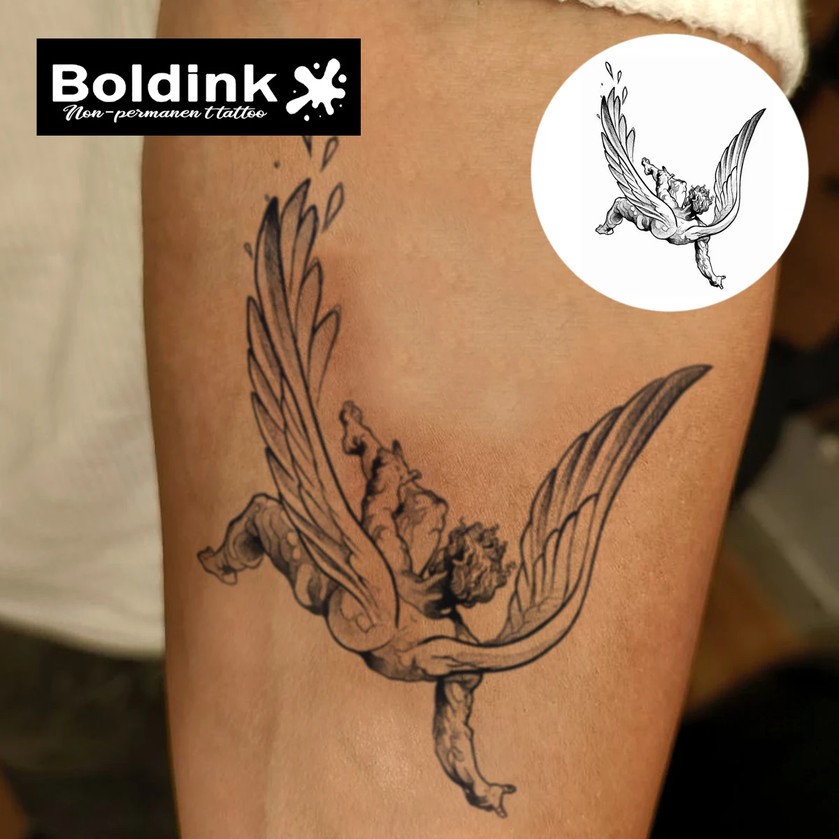 Boldink Fallen Angel Temporary Tattoo,Lasts To 15 Days New Technology Magic Waterproof Semi Permanent Sticker.
