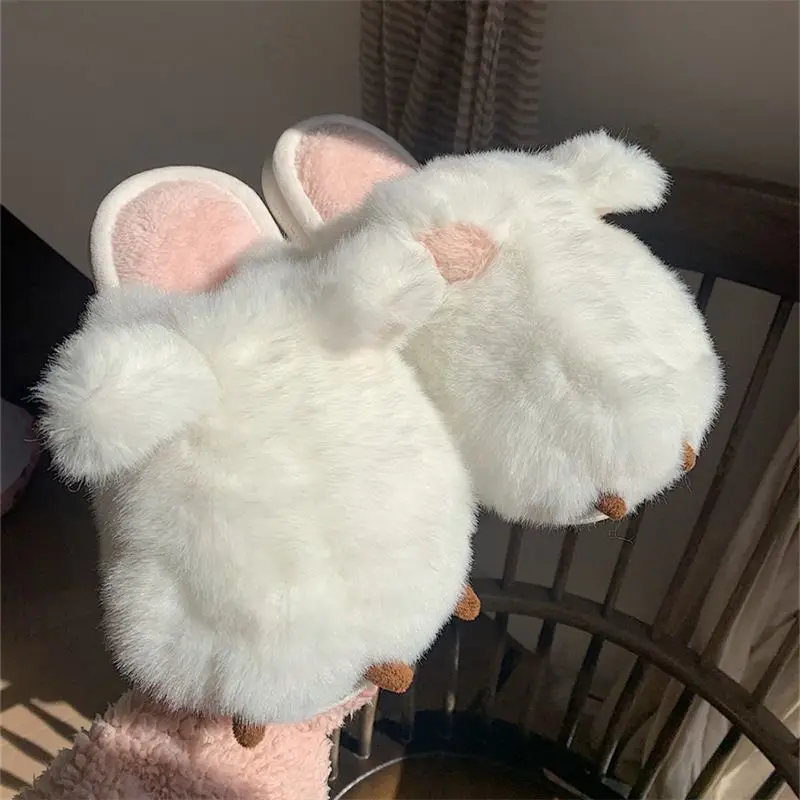 home Cat Paw Fluffy Slippers Women\'s Winter Warm Mules Shoes Girls Fur Slides Slipper Woman House white  Shoes Kitten Ear Design