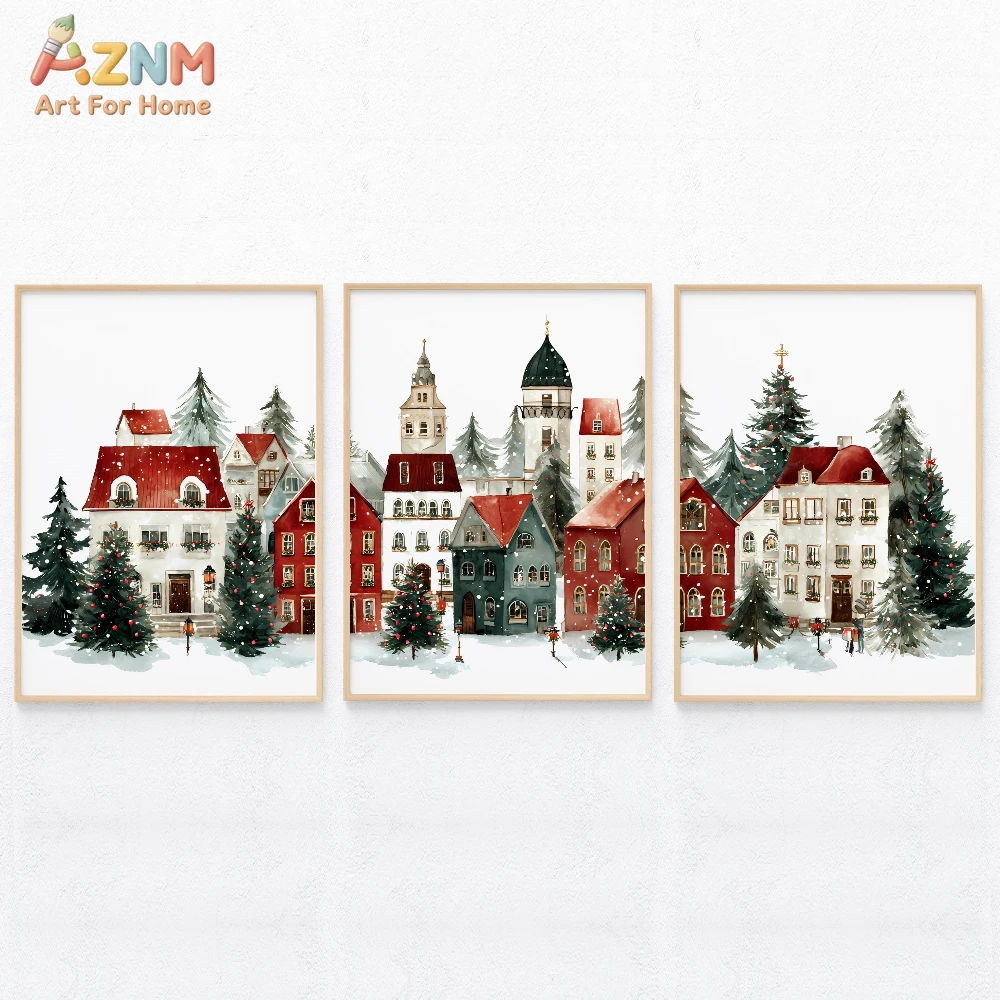 AZNM Watercolor Winter Christmas Town Canvas Print, Festive Snowy European Village Wall Art, Frameless Minimalist Holiday Decor view 4