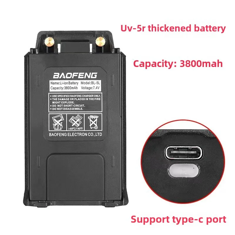 UV 5R Battery for Baofeng Walkie Talkie 1800mAh/3800mAh Li-Ion Battery USB Type C Fast Charge Upgrad BL-5 For UV-5RE UV5R BF-F8