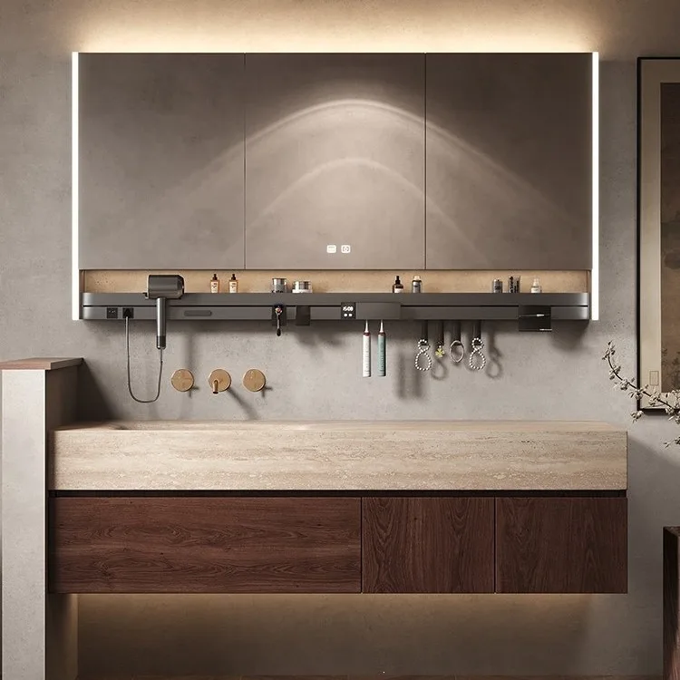 Travertine Rock Slab Hot Bending Integrated Basin Bathroom Cabinet Combination Wabi Sandy Wind Washbasin Medium Ancient Style To