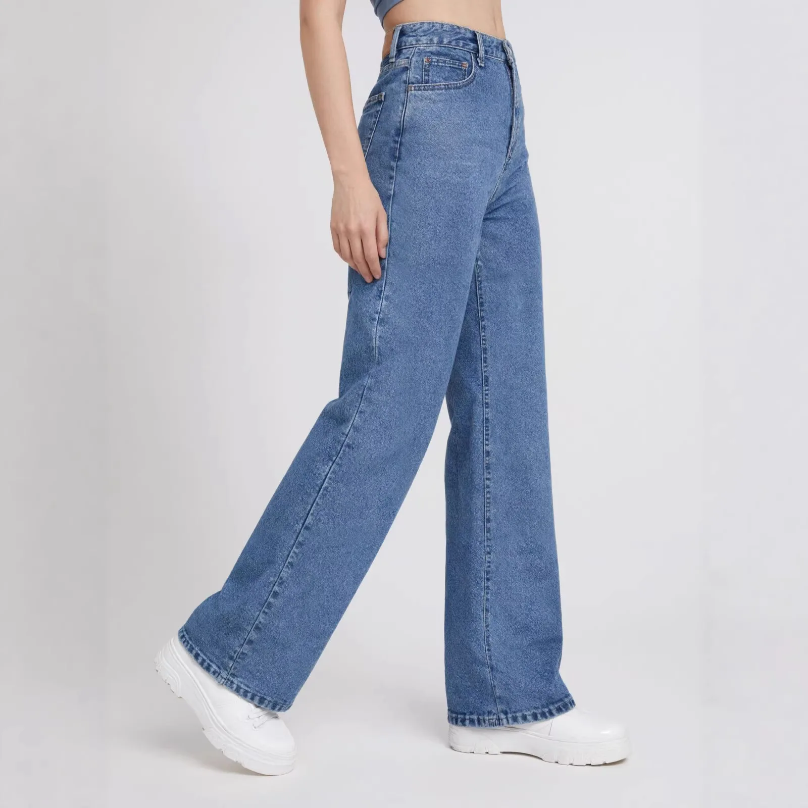 2026 Spring New Cross border Elastic Jeans Women's Loose High Waist Straight Leg Pants Women's Casual Versatile Wide Leg Pants