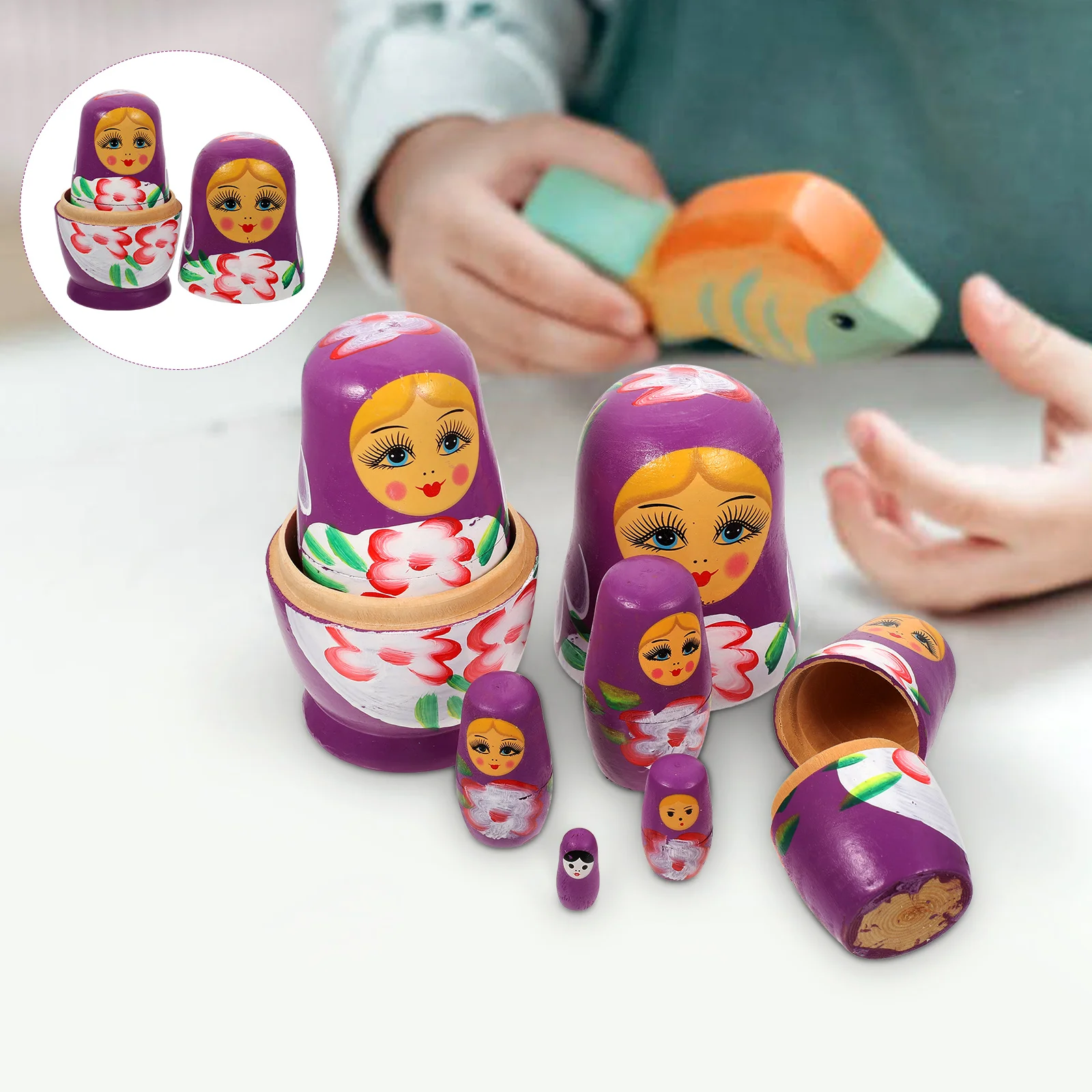 Juguetes Matryoshka de 7 capas, Kits para niños, muñecas de madera para niños, pila Manual, adorno hecho a mano, fabricación de anidación rusa púrpura