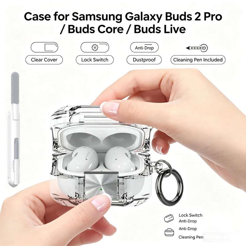 Schutzhülle für Samsung Galaxy Buds 2 Pro / Buds Core / Buds Live, transparente Hülle mit Verschluss, stoßfest und staubdicht, inklusive Reinigungsstift.