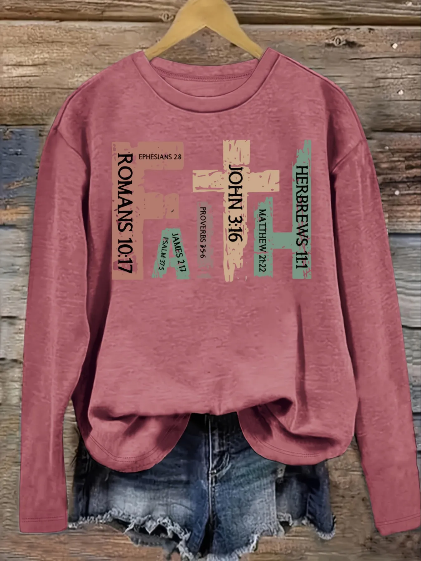 Women's Casual Long Sleeve Crew Neck T-Shirt Faith Bible Verse Graphic Print Design, Round Neck Women's Clothing, Machine Washable, Slightly Elastic, Loose Fit, Spring Autumn Winter Women's T-Shirt, Halloween Costume Outfit view 3