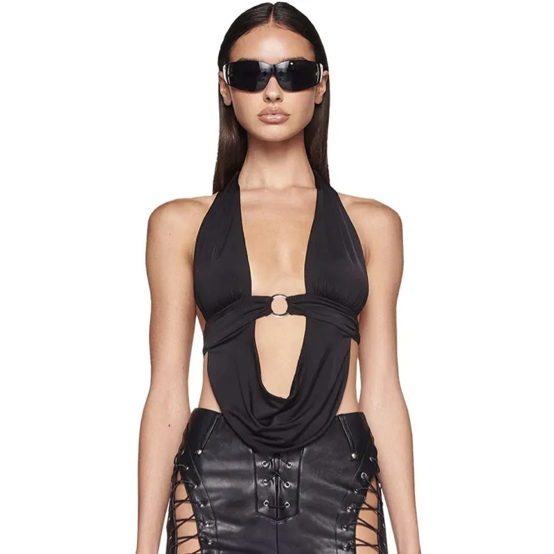 Y2k Bandage Crop Top Black Backless Top V-neck Cute Party Beach Summer Sweats Women Retro Basic Mini Vest Punk Crop Top 2024 Top