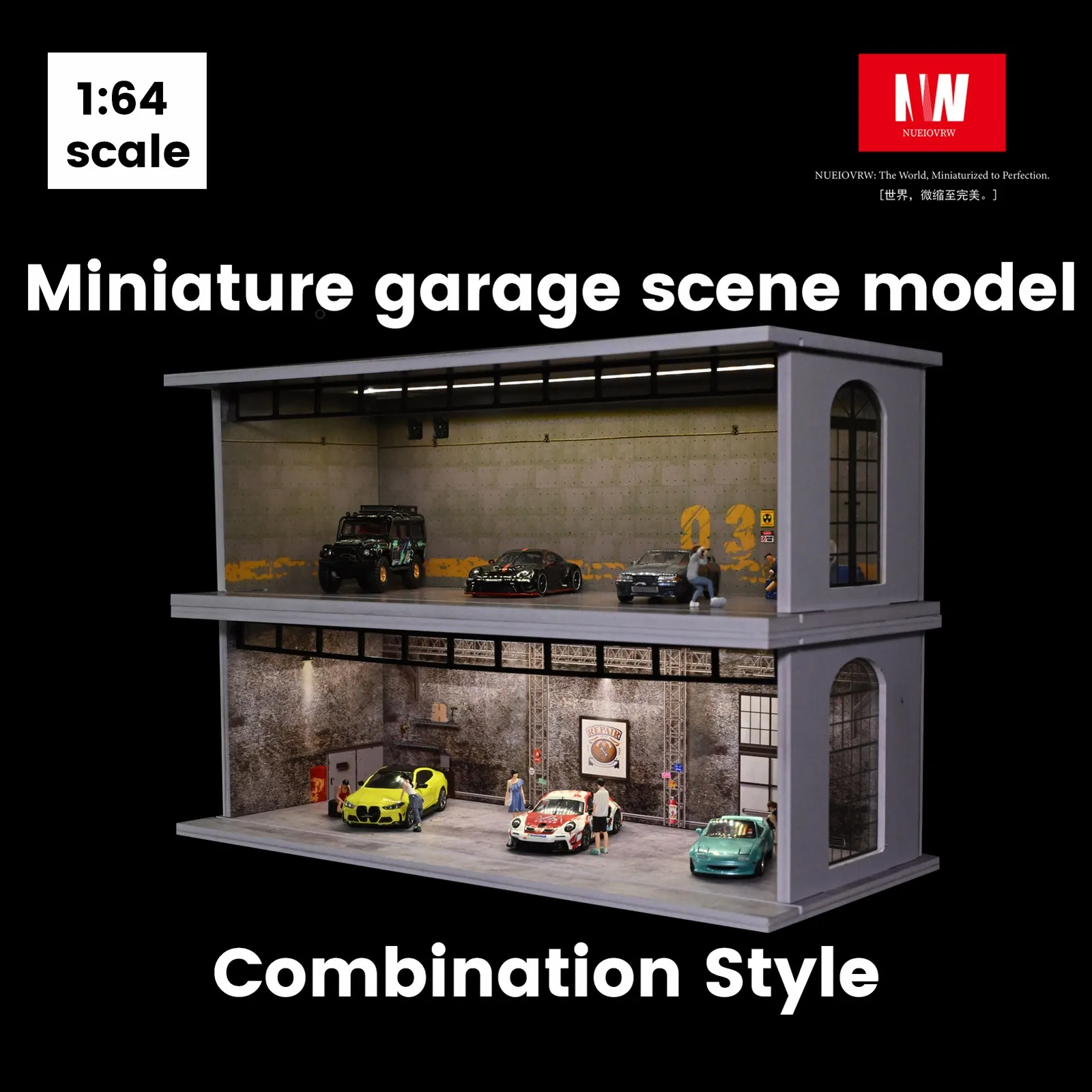 Diorama 1:64 نموذج جراج السيارة 3 أوضاع الإضاءة خمر مستودع صناعي المشهد نموذج عرض القضية #2