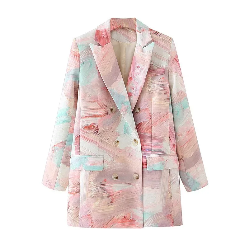 

Graffiti Blazer Woman 2025 New Autumn Winter Elegent Pockets Double Breasted Notched Collar Coat Fashion Office Lady Outerwear