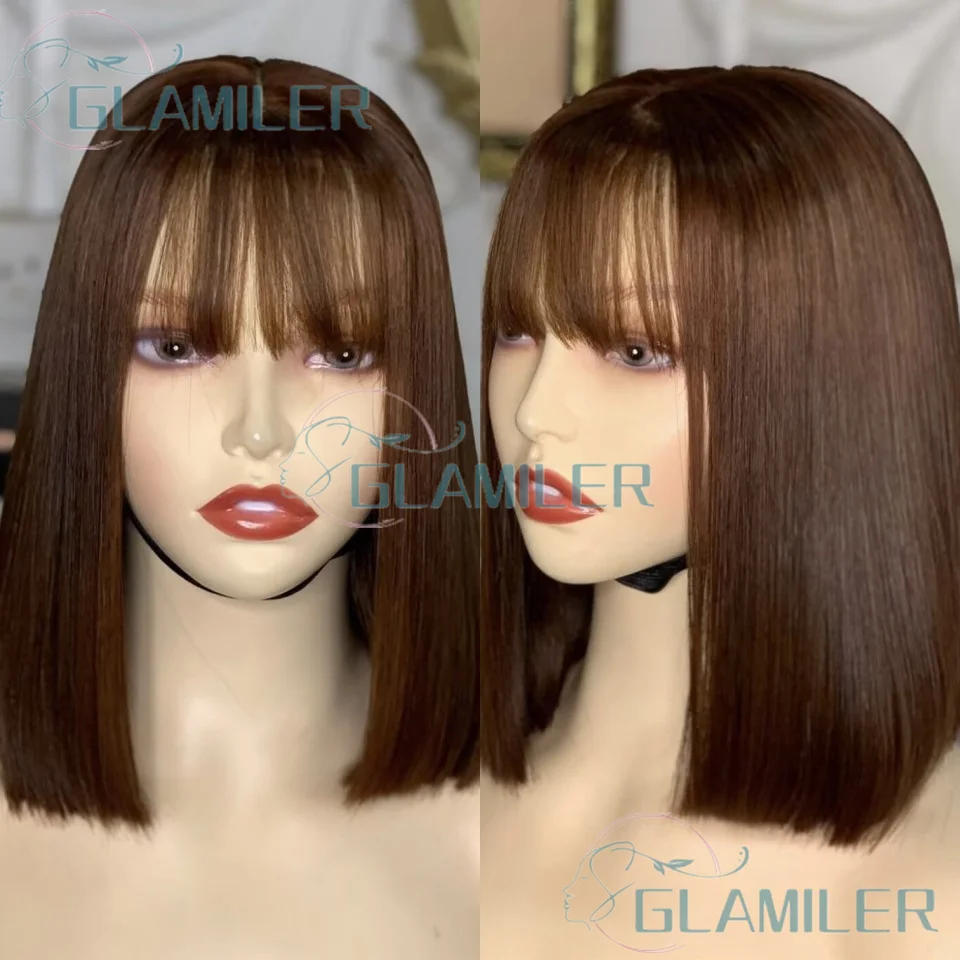 

Fringe Dark Brown Short Bob Human Hair Wigs 5x5 Silk Base Closure Wigs Remy Brazilian Pre Plucked 13x6/360 Lace Frontal Wigs