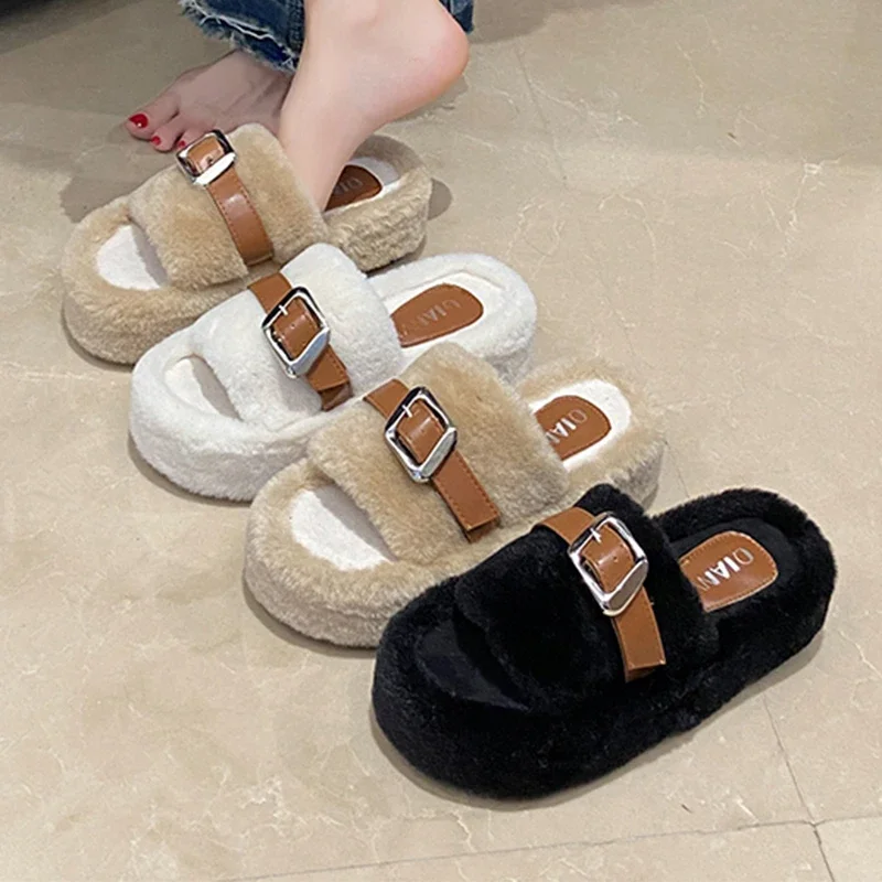 

2024 Slipper Women's Eyelet Buckled Fluffy Casual Slippers Lady Thick Bottom Leisure Shoes Thick Flat Sole Outdoor Plush Slipper