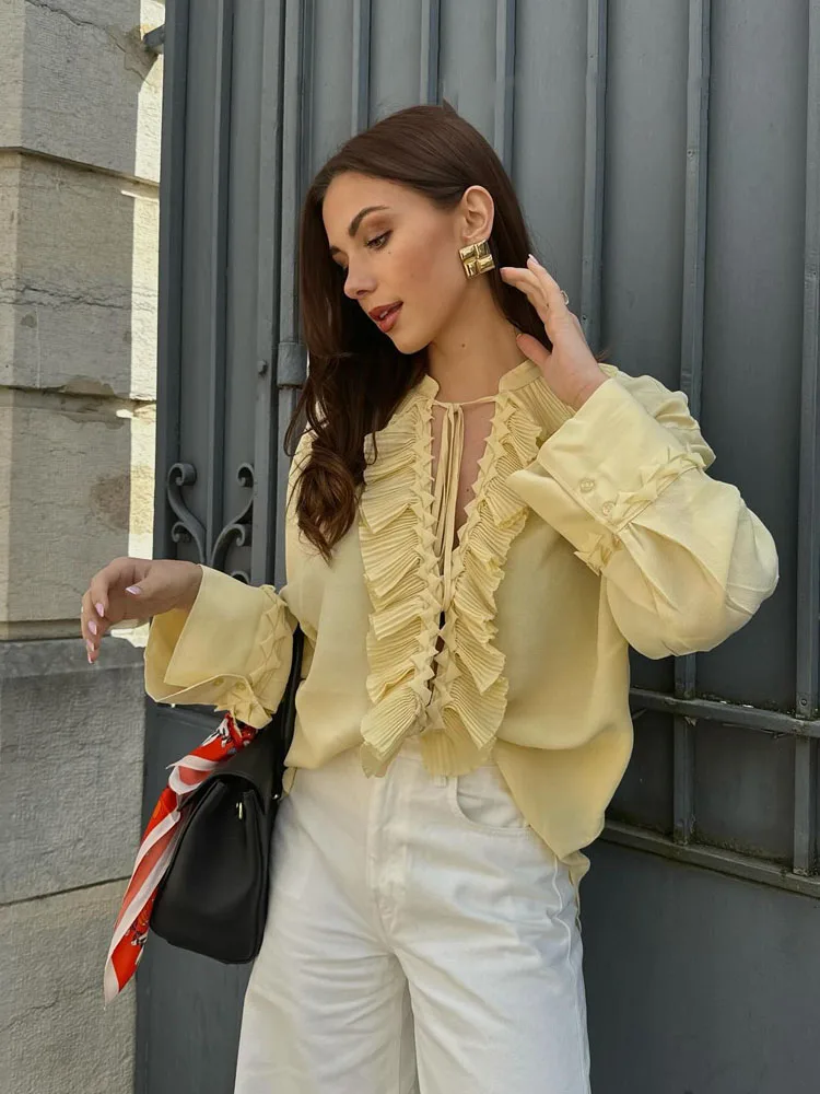 

HH женские модные блузки светло-желтые с v-образным вырезом и длинными рукавами многоуровневые украшения на шнуровке женские летние повседневные шикарные рубашки