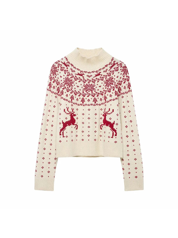 

Женские новые рождественские свитера, классические вязаные пуловеры с длинными рукавами и круглым вырезом с принтом снежинок, осенне-зимние теплые джемперы, топы