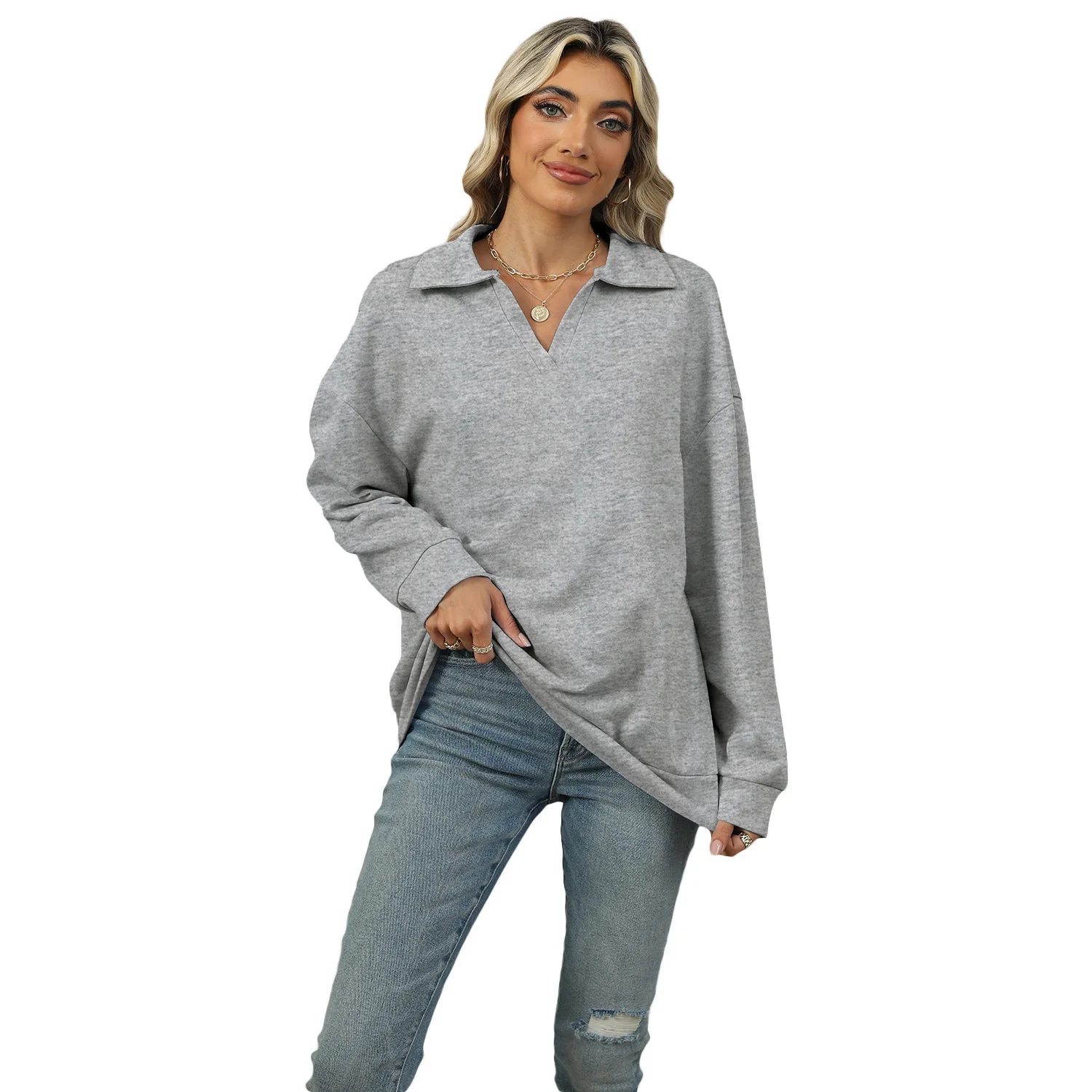 Neue einfarbige Revers-lose Langarm-Sweatshirt-Jacke für Damen