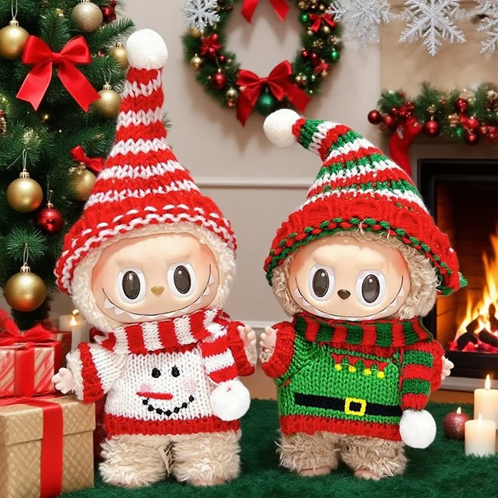 

Мини-кукольная одежда 15-17 см, аксессуары для Labubu Idol V1 V2, зимний рождественский свитер, комплект с шарфом, одежда