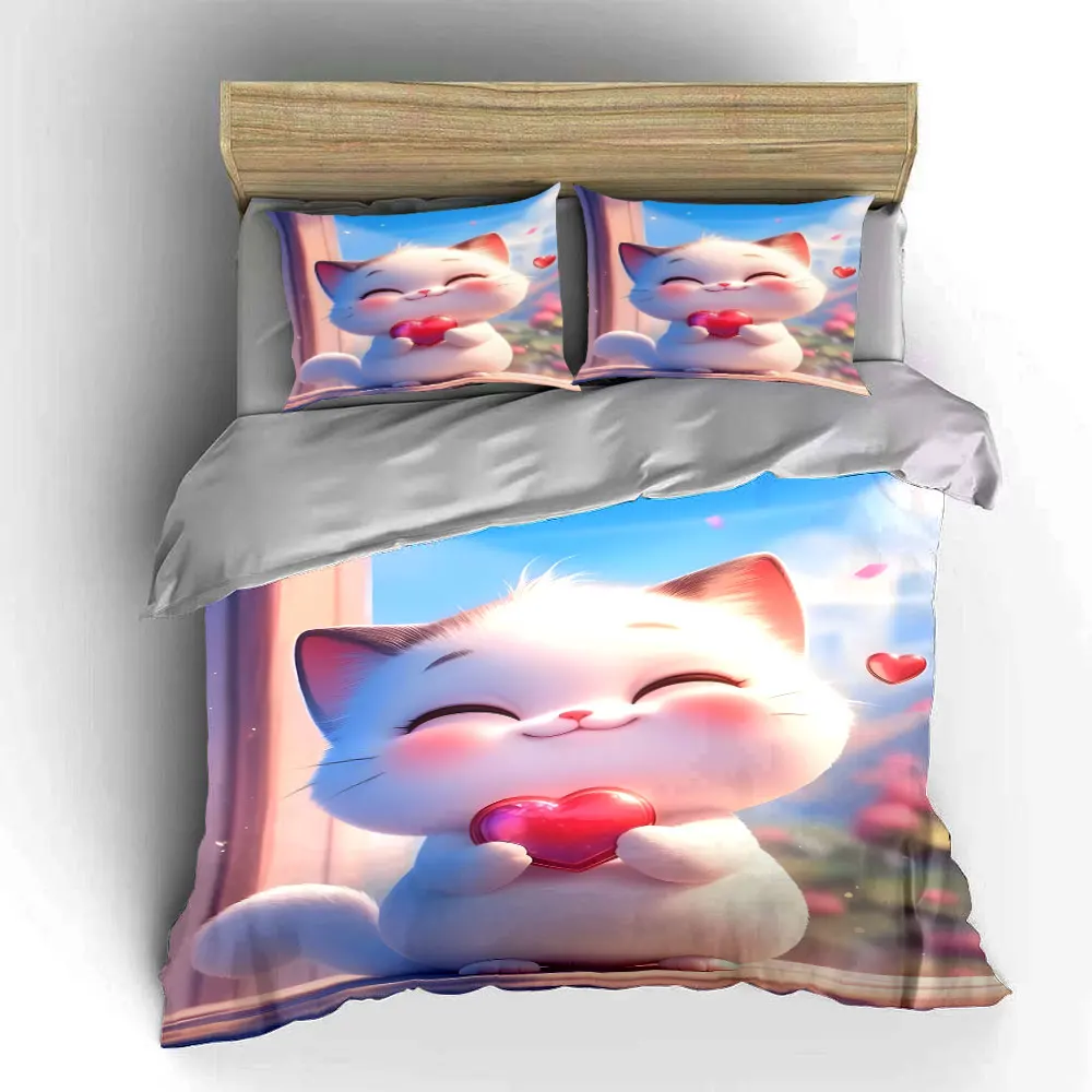 White cat holding red crystal heart Print Bedding Set 1 Duvet Cover 2 Pillowcases for Adult and Children Luxury Gift Full Size 5