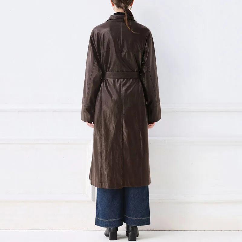 Hksh primavera outono novo casaco longo feminino couro do plutônio turn-down colarinho cor sólida bolsos cinto elegante jaqueta chique hk14049