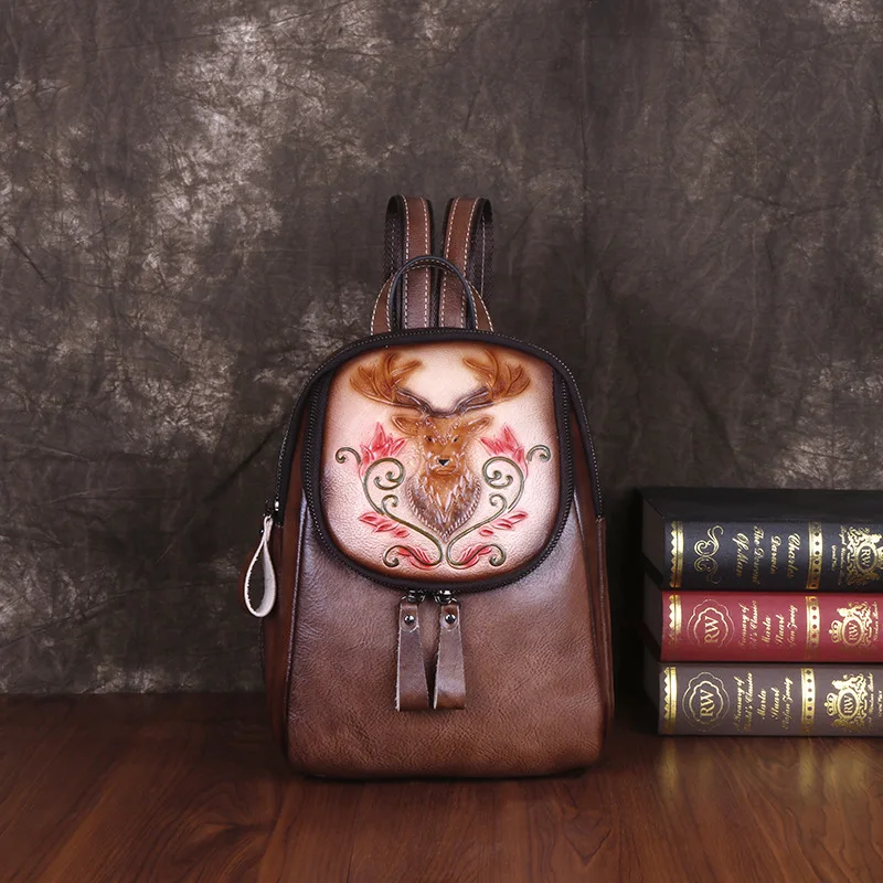 2026 Top Layer Cowhide Bag Personalized European and American Retro Embossed Cowhide Women Handle Bag Fashion Backpack