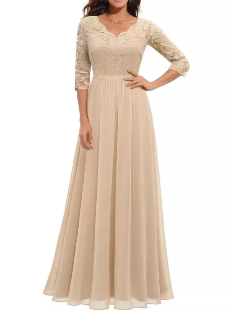 أزياء من الدانتل فستان فضفاض للنساء أنيق الصلبة ثلاثة أرباع الخامس الرقبة عالية الخصر Vestidos رداء فام حفلة مسائية رسمية جديد