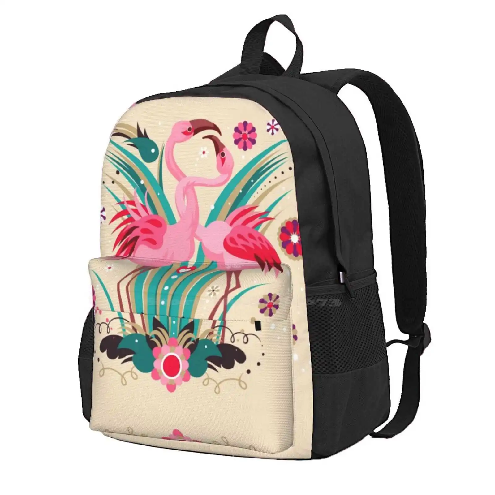 Love & Flamingo Hot Sale Schoolbag Backpack Fashion Bags Flamingo Love Cute Birds Heart Pink Flat Kiss Flowers Art Pattern