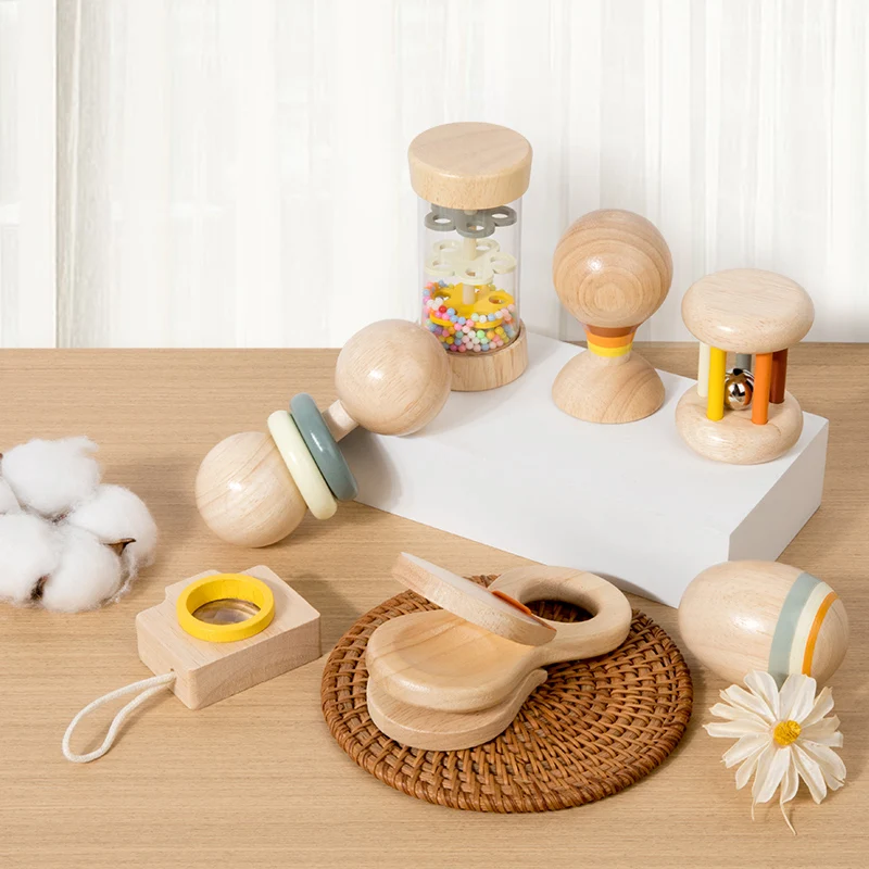 Juguetes de madera Montessori para niños, juego de sonajero para bebé de 7 piezas, juguetes con sonido, entrenamiento de agarre, ayuda para educación temprana, regalo