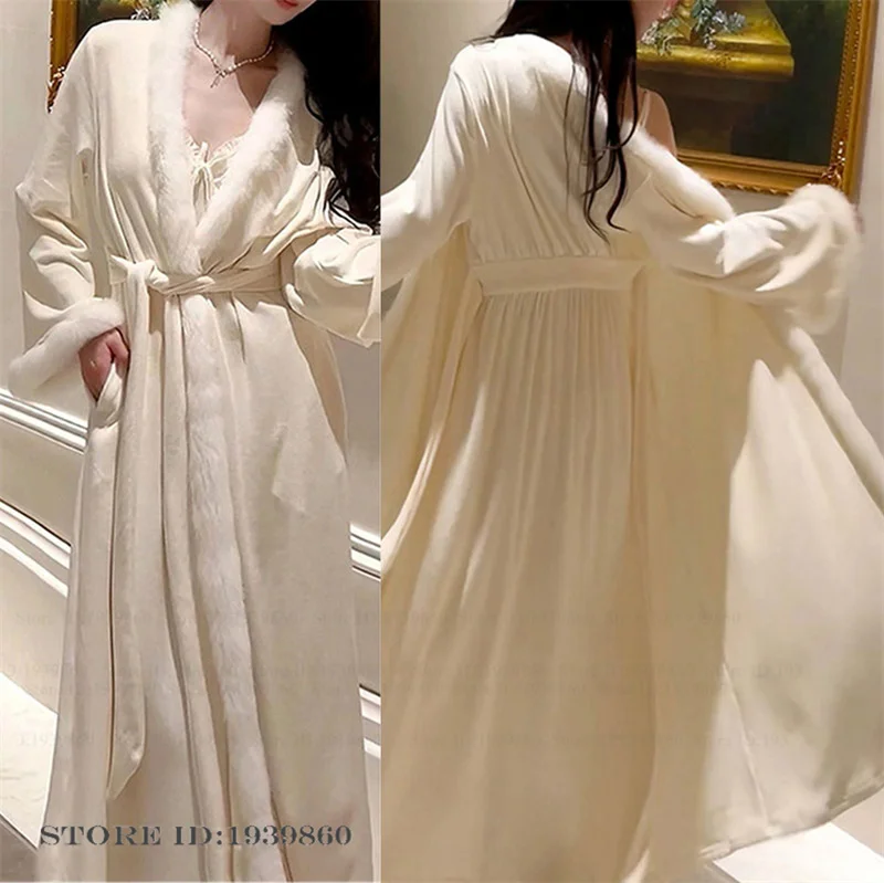 

Winter New Sexy Flannel Long Robe Nightgown 2PCS Set Women's Sleepwear Elegant Coral Fleece Homewear Nightwear Loose Loungewear