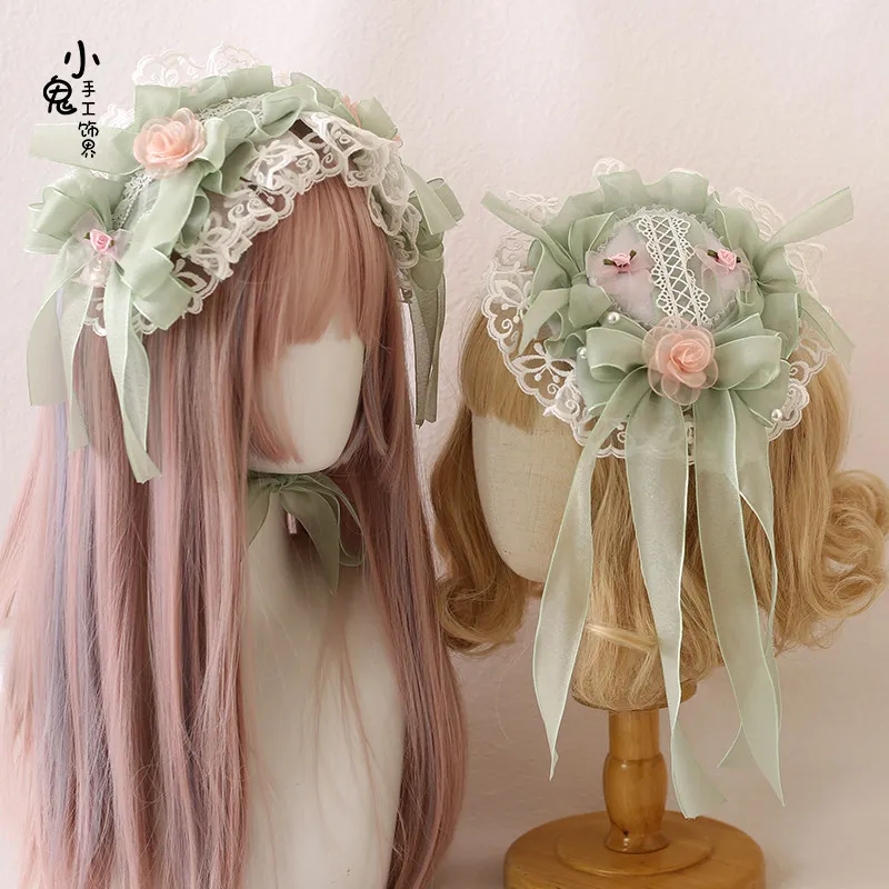 

Женская повязка на голову ручной работы в стиле Лолита, травянисто-зеленая, с кружевным бантом, мини-шляпка-котелок KC, заколка для волос, нежные аксессуары для волос в стиле Y2K для девочек