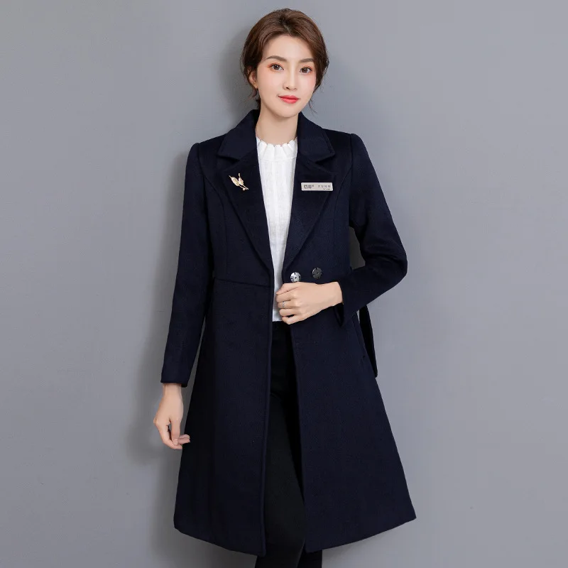 Business Wear Woolen Female Autumn and Winter Wool Stewardess Long-Cut Coat Hotel Front Desk Building Sales Department Work