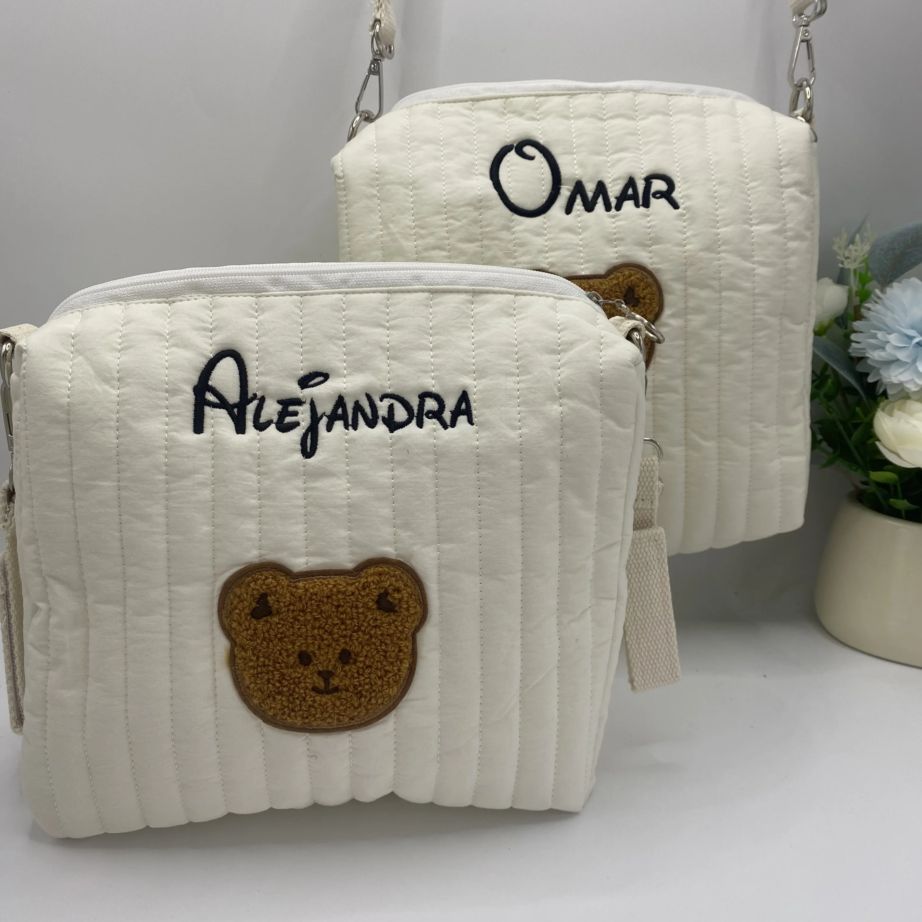 Portable Baby Stroller Hanging Bag, Personalized Name Storage Bag, Diaper Bag, Embroidered Bear Mommy Bag