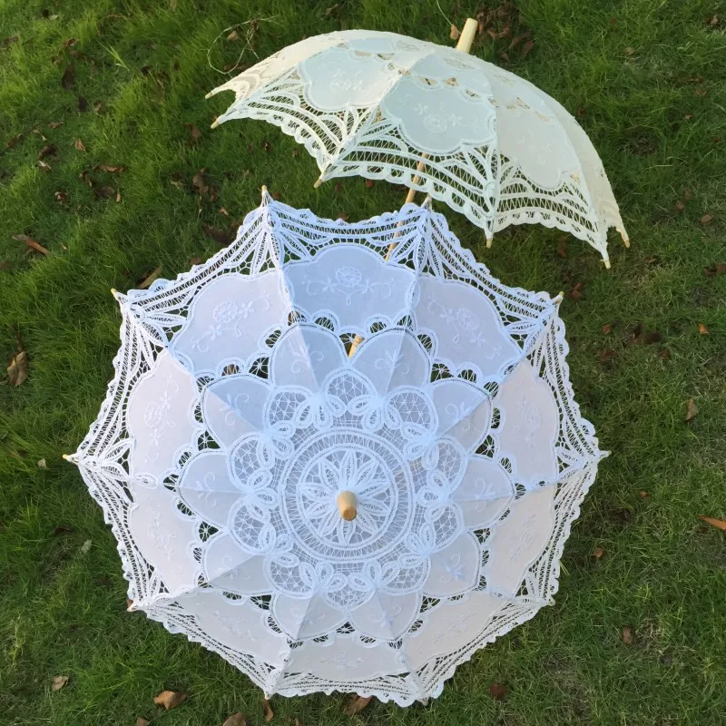 

2PCS New Vintage Handmade Embroidery White & beige Battenburg Lace Parasol Wedding Lace Umbrella for bride