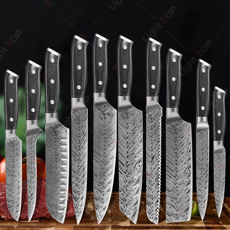 Stainless Steel Japanese Kitchen Chef Knives Set Santoku Knife Sharp Fruit Peeler Damascus Steel Pattern Boning Knife BBQ Tools