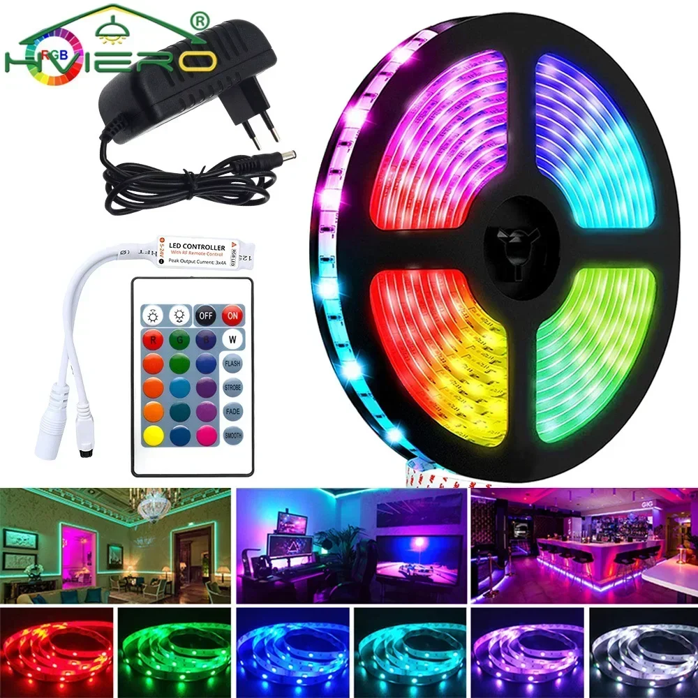 

5050 150Leds 5M RGB LED Strip Lights Flexible Ribbon DC 12V Controller Wall Lamp 24Key IR Remote Home Decor Tv Night Neon Light