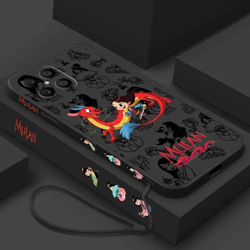 Funda de silicona líquida con cuerda para Xiaomi Mi 15 15T 14 14T 13 12 11 POCO X7 M7 F7 F8, diseño de Disney Mulan y Mushu
