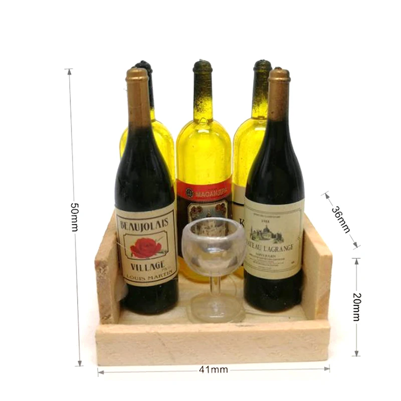 1Set di bottiglie di vino in miniatura per birra calice con scatola di legno magnetica 1/12 casa delle bambole