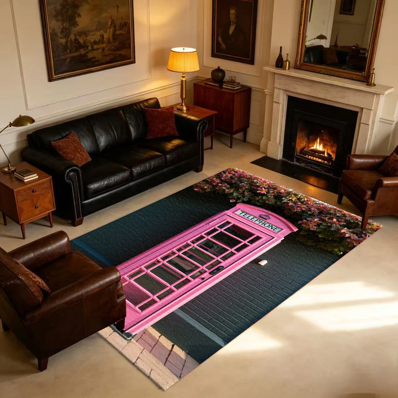 Retro Pink British-Style Telephone Booth, Equipped with a Non-Slip Floor Mat with a Climbing Vine Carpet Pattern