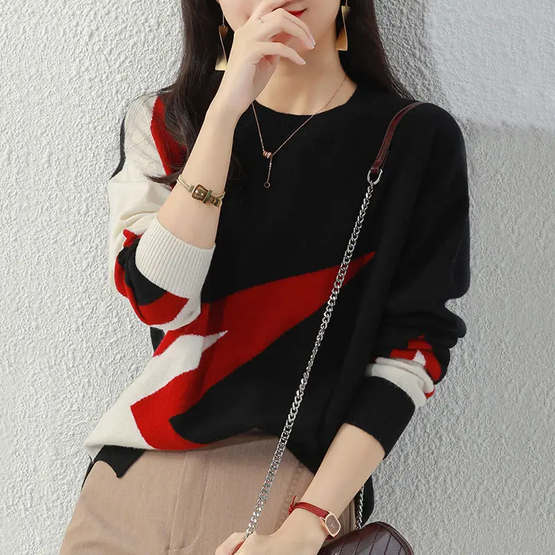 

2023 Autumn and Winter Women's Pullover Round Neck Patchwork Printing Loose Sweater Underlay Fashion Casual Long Sleeve Tops