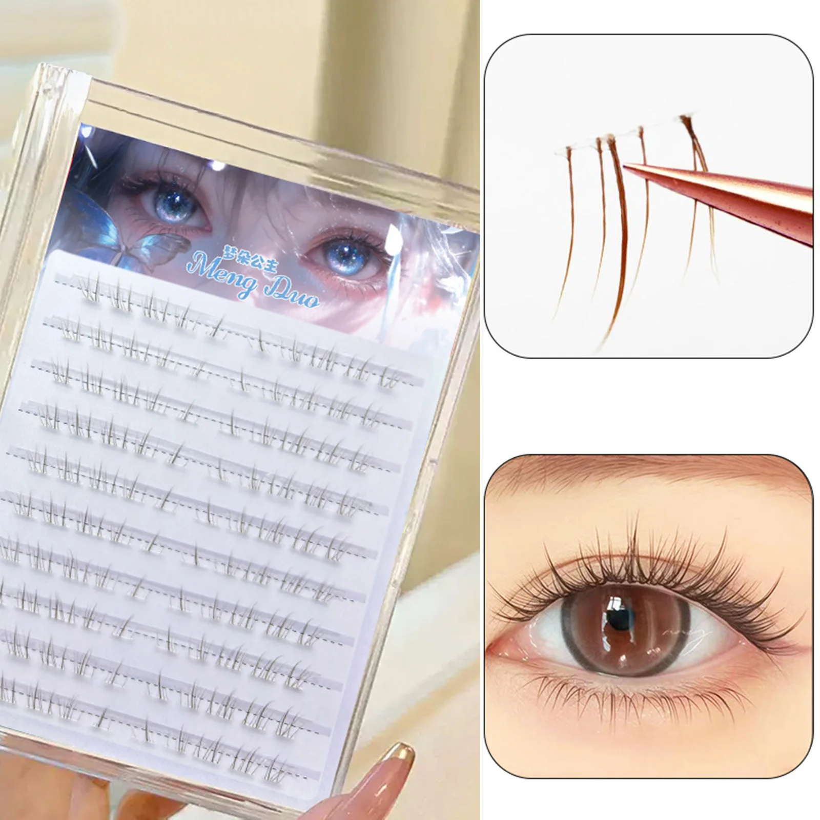 Sztuczne rzęsy do samodzielnego nakładania pod rzęsy, brązowe, długość mieszana 5-7mm, naturalny skręt C, rzęsy dolne z przezroczystym paskiem do makijażu.