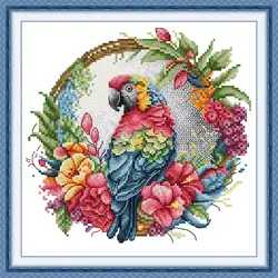 Joy Sunday Pre-printed Cross Stitch Kit Easy Pattern Aida Stamped Fabric Embroidery Set-Parrot on A Garland