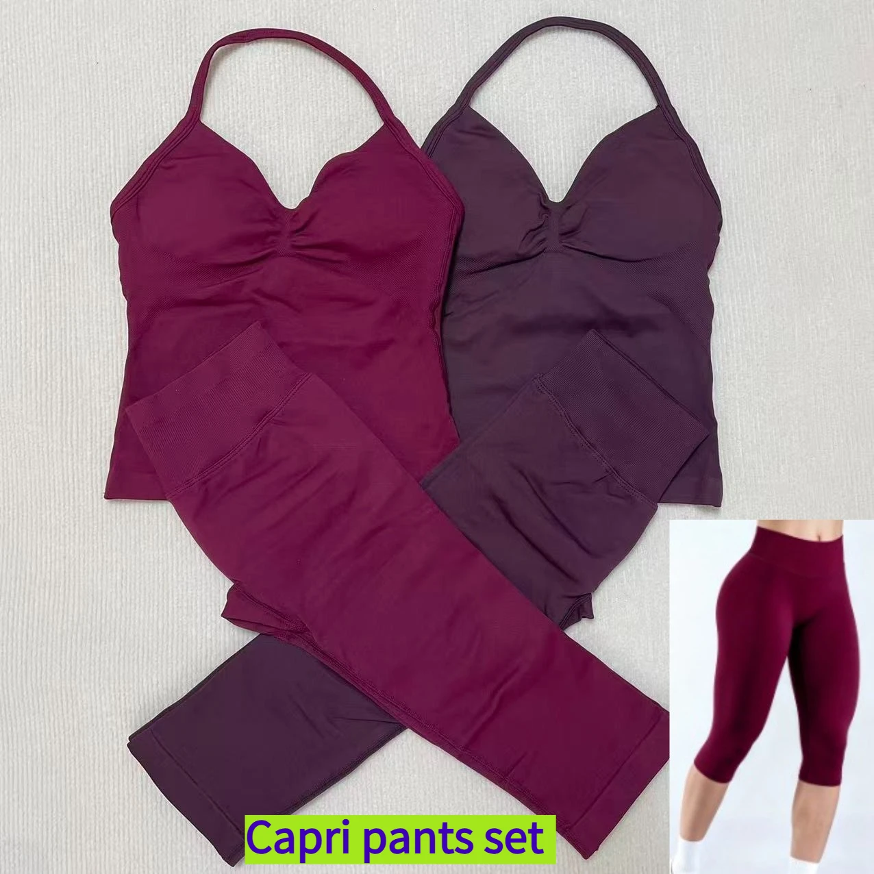 NO LOGO 2Pcs Women's Gym Set Backless Tank Top High Waist Scrunch Capri pants Seamless Fitness Activewear Workout Clothes