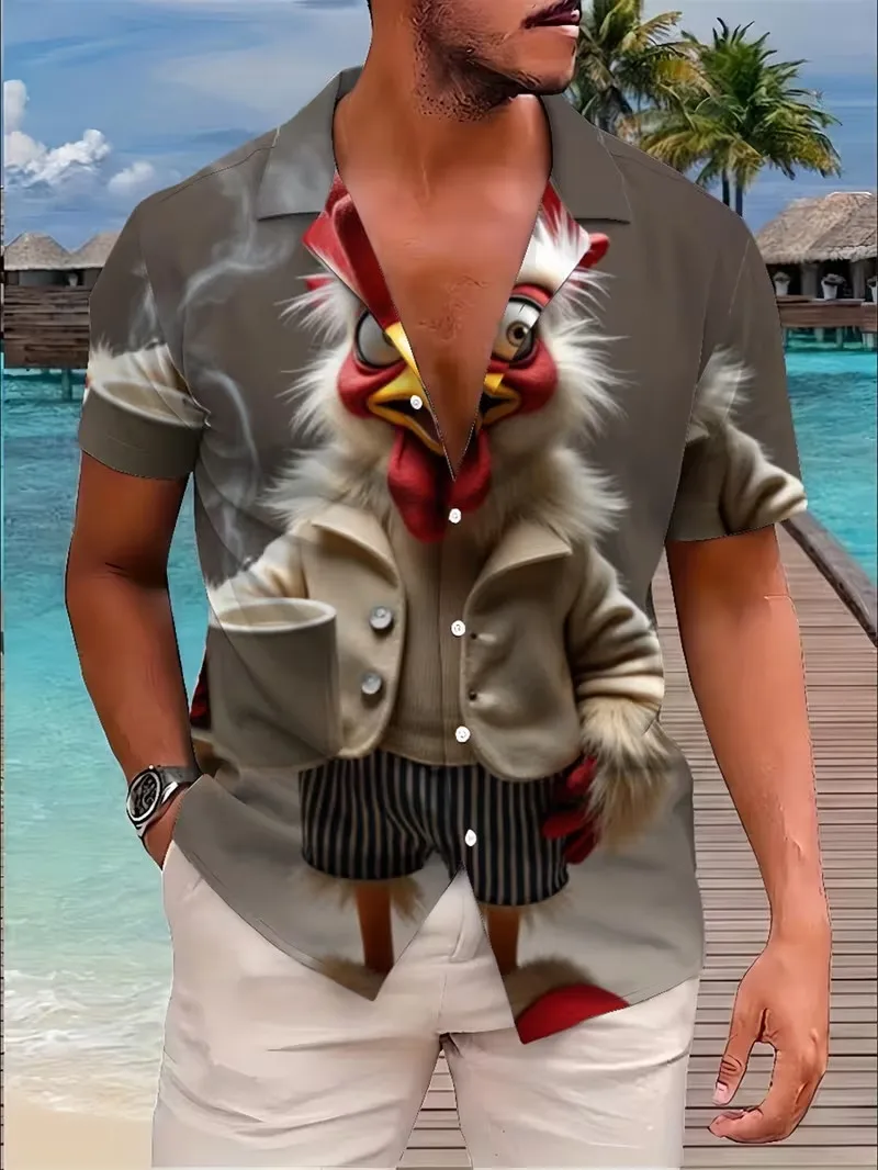 

Men's Funny Rooster Chicken Print Hawaiian Shirts Cute Cartoon Bird Short Sleeve Button Down Beach Shirt Summer Aloha Shirt
