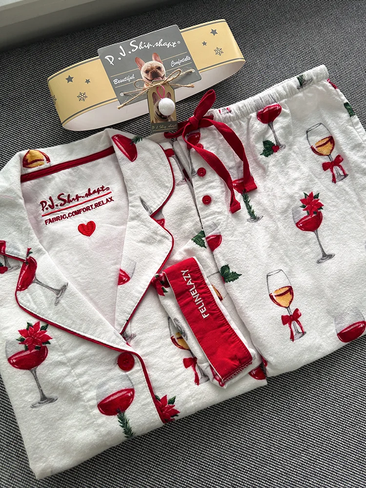 Damen Niedlicher Cartoon-Druck 100% Baumwolle Gebürstetes Pyjama-Set Frühling Herbst Langarm-Oberteil Lange Hose 2-teilig Loungewear Homewear – Detail 22