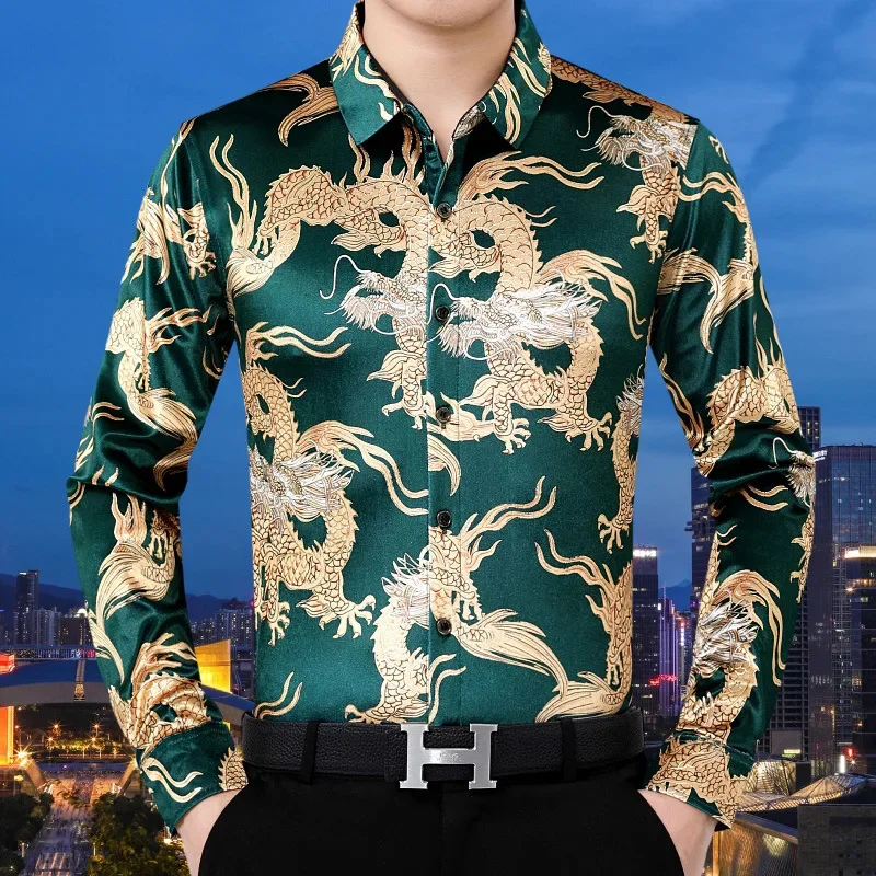 Gold velvet shirt men's long-sleeved tops casual dragon print outerwear autumn and winter style