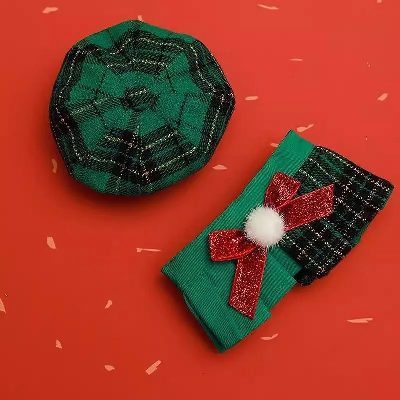 British Style Pet Beret Hat for Cats Dog Christmas Octagonal Cap Collar Bib Set Photo Prop