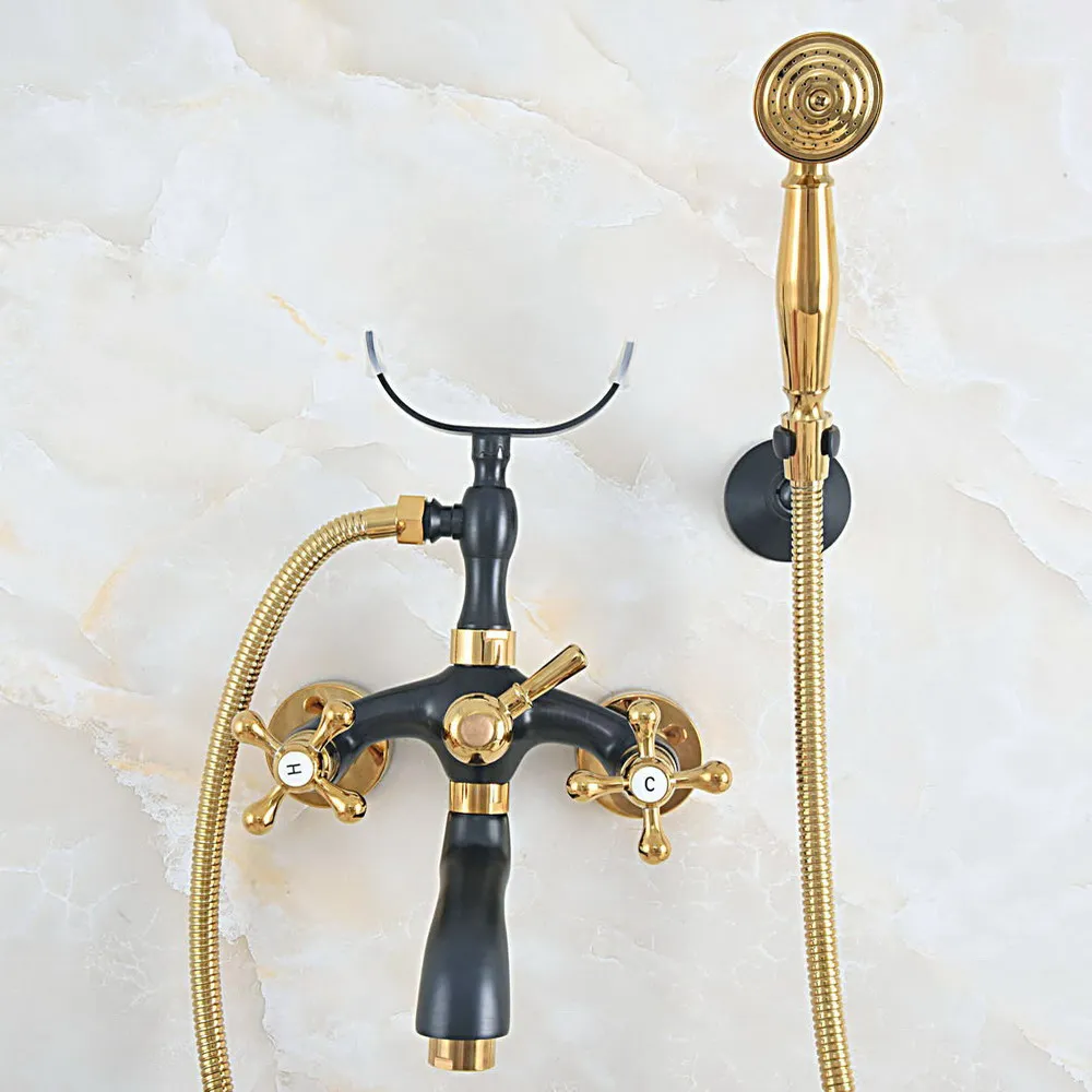 Oil Rubbed & Gold Brass Two Handle Wall Mounted Bathroom Bath Tub Faucet Set with 150CM Hand Held Shower Spray Mixer Tap 2na579