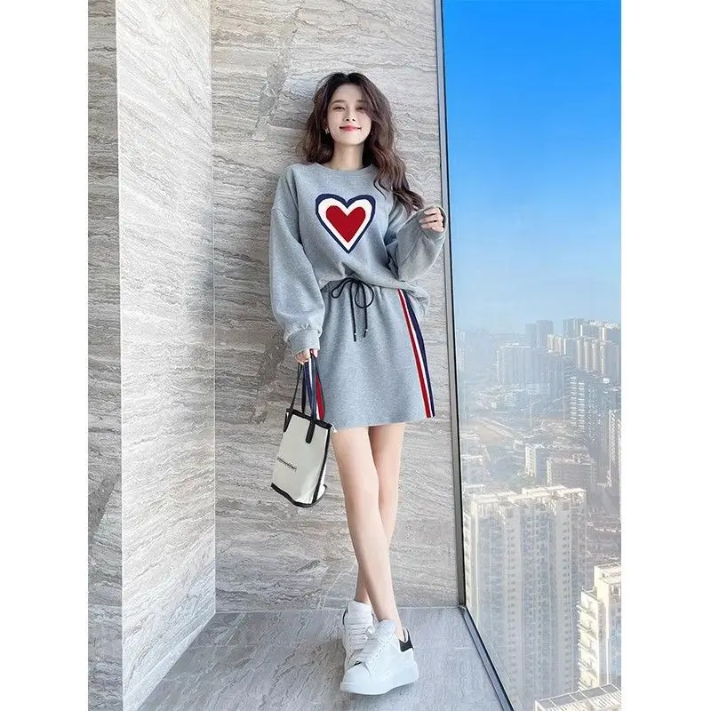 Gray Spring New Lady Fashion Westernization Pure Cotton Hoodie Skirt Contrasting Colors Appear Thin Round Neck Two Piece Set