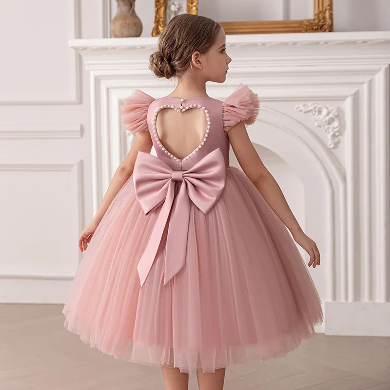 Girls' Flutter Sleeve Princess Dress – Back Heart Cut-Out with Bow, Elegant Party & Recital Gown for Birthdays Flower Girl